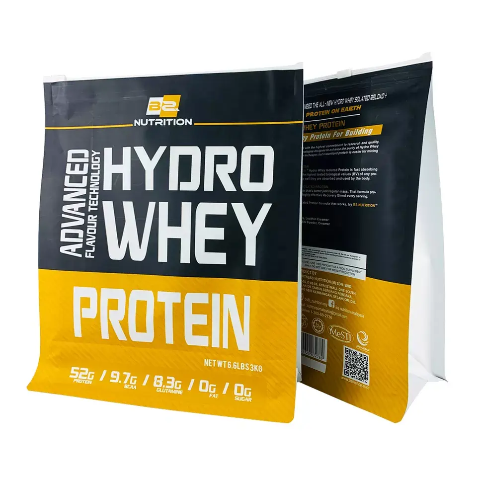 Personalizado Biodegradável Impresso Umidade Prova Whey Protein Pó Zipper Permanente 500g1kg Flat Bottom Bag