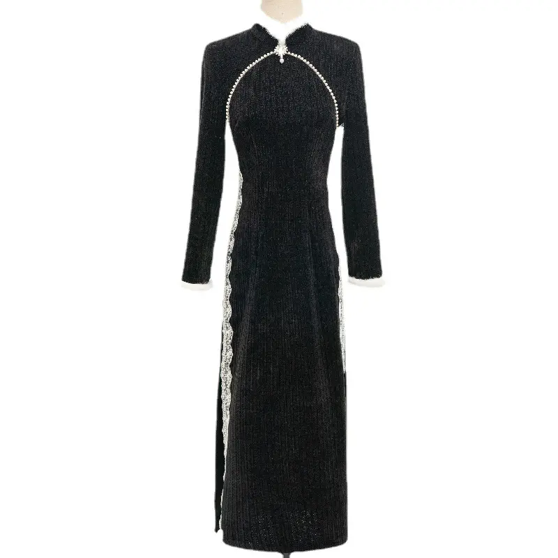Chinese style black autumn and winter cheongsam new Chinese thickened daily long-sleeved improved version of dress wholesale