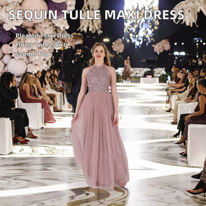 Vestidos de Dama de Honor Modernos y Elegantes con Cuello Halter, Adornados con Lentejuelas, Plisados, Línea de Cintura Imperio, Talla Grande, Falda de Tul, Corte en A - Product Image 3