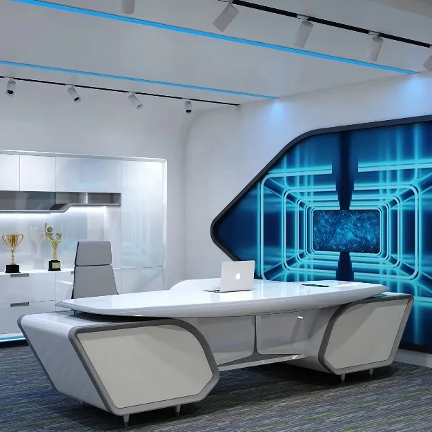 Bureau de luxe laquée blanc brillant en forme de L, création de bureau moderne et intelligente, idéal pour un bureau