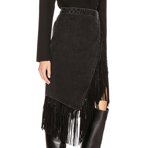 <span class=keywords><strong>Gonna</strong></span> Avvolgente in Denim Nero con <span class=keywords><strong>Frange</strong></span> in Camoscio e Orlo Asimmetrico - Product Image 3