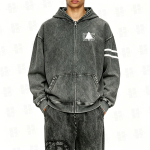 Nueva sudadera con capucha para hombre, elegante, de felpa gruesa, estilo francés, con efecto desgastado, bordado 3D personalizado, hombros caídos, lavado ácido, con cierre de cremallera. - Product Image 2