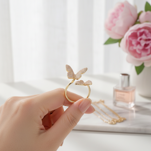 Anelli a farfalla in acciaio inossidabile con rodio in oro rosa con taglio ovale CZ con apertura alla moda con intarsio a forma di luna 18K - Product Image 3