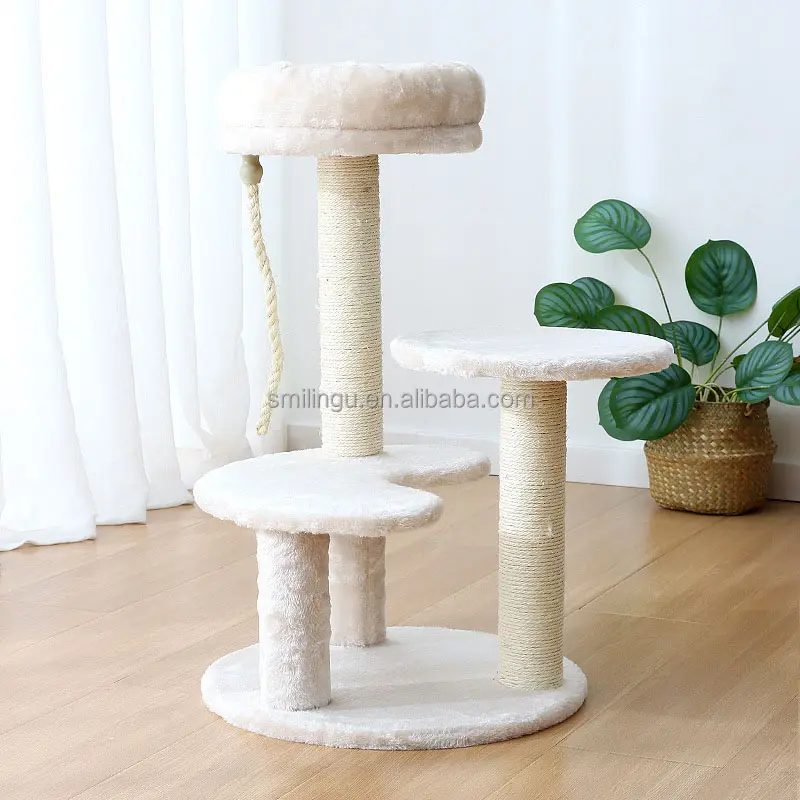 2ft Heighth 4-Storey Beige Plush Fabric Sisal Pillar Cat Scratching Post with a Bed