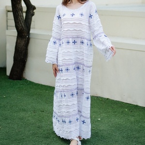 Vestido de Lino y Algodón Personalizable, Elegante, Cuello Redondo, Casual, Corte en A, con Volantes, Mangas Cortas, Midi, para Mujer - Product Image 3