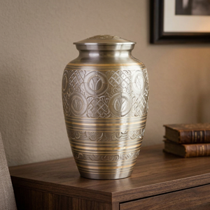 Urna Decorativa de Latón para Guardar Cenizas, Ataúd Conmemorativo con Diseño Floral, Suministros Funerarios - Artesanía India para el Hogar - Product Image 1