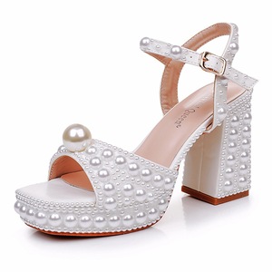 Sandales à Talons Épais de 9cm Bouche de Poisson, Racine Carrée, Plateforme, Perle Blanche, Chaussures de Mariée, Strass, Minces, Grande Taille - Product Image 2