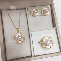 Ensemble collier et boucles d'oreilles en perles d'eau douce naturelles de qualité 5A, plaqué or rose 14 carats, bijoux fleur bouclée pour femme, idéal pour les soirées