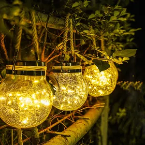 Hot Sale Outdoor Garden Hanging Solar Globe Lanterns 30 LED Solar Crackle Glass Ball Lantern Lights With Hemp Rope For Decor