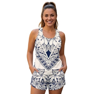 Conjunto de 2 piezas con estampado tribal polinesio para <span class=keywords><strong>mujer</strong></span>, top deportivo con espalda cruzada y pantalones cortos con bolsillos, ropa deportiva de verano, traje de baño informal - Product Image 2