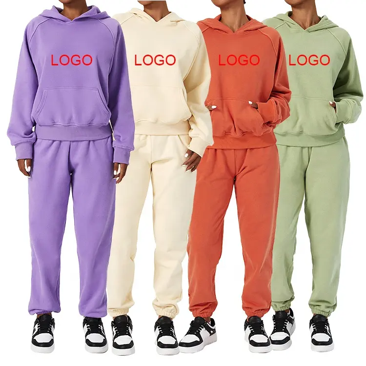 Custom logo women sportswear plus size casual fleece sweatpants breathable joggers hoodies two piece sports suit sweatshirt