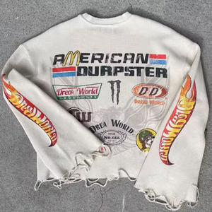Style Y2K surdimensionné personnalisé ourlet brut Streetwear goutte épaule recadrée gaufré col rond Dtg imprimé sweat-shirt - Product Image 1