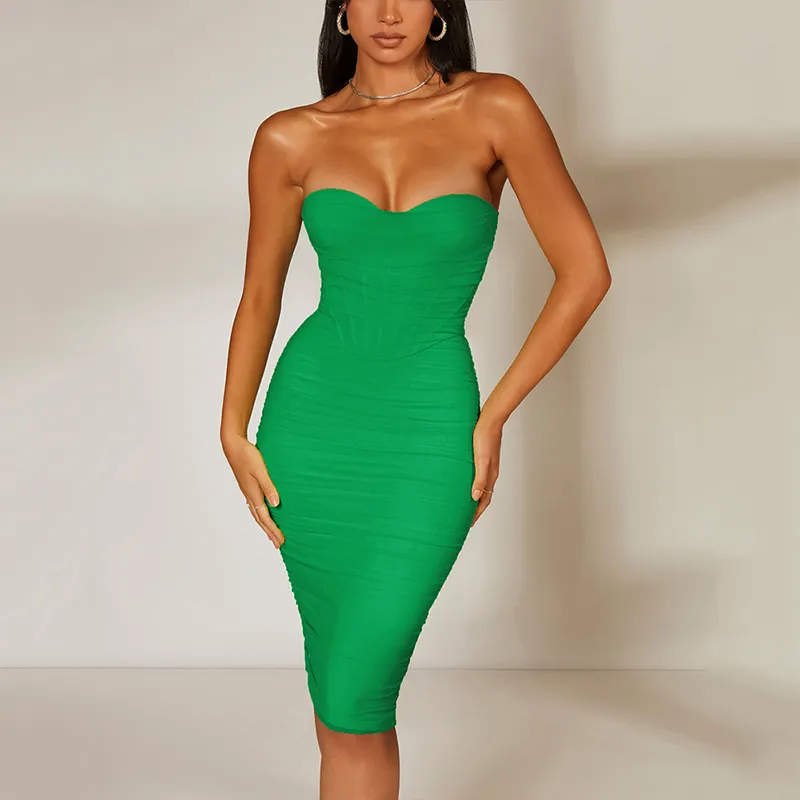 High Quality Bodycon Ruched Design Mesh Fabric Woman Lady Green Corset Elegant Dress