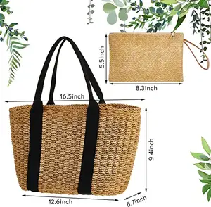 2 Pcs Summer Straw Bags Clutch Purse Set, Large Beach Bag Handwoven Straw Beach Tote Handbags Small Wristlet Purses for Women Bo
