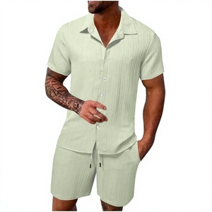Ensemble 2 pièces d'été pour homme, chemise et short, couleur unie, tenue de plage, boutonnée, 100% coton et lin français, personnalisable avec logo OEM - Product Image 1