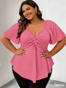 Chemise/Blouse décontractée à manches courtes pour femmes grande taille Joyinspring, été, rouge rose, fibre de lait, col en V, nœud, motif 3D - Product Image 4