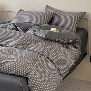 Wholesale 100% Raw Cotton 4-Piece Bed Sheet Set Dark Gray Striped Quilt Cover Printed Pillowcase Breathable Eco-Friendly <strong>Bedding</strong> - Product Image 2