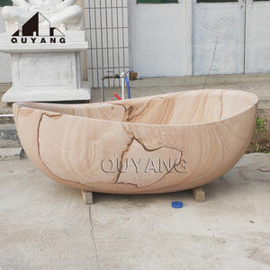 Quyang Villa Badkamer Decoratieve Natuurlijke Houtader Steen Badkuip Op Maat Beige Marmeren Badkuip - Product Image 3
