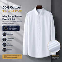 Chemise habillée pour homme en sergé 50% coton, manches longues, tombé soyeux, infroissable, pour le bureau et les affaires, personnalisable OEM, vente en gros