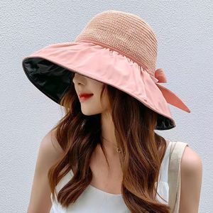 Sun Hat For Women Wide Brim Beige Breathable Sun Protection Outdoor Fishing Hat With Bow Solid Color Polyester Fabric - Product Image 2