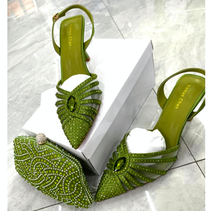 Bộ giày và túi xách nữ thiết kế mới 2025 kiểu Ý, trang trí đá pha lê, giày cao gót, kèm ví - Product Image 1