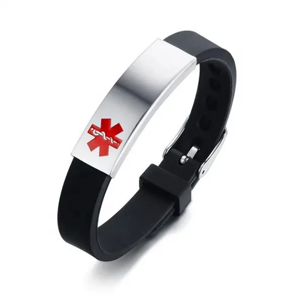 Yiwu Aceon Rvs Soft Rubber Silicone Verstelbare Band Id Tag Gegraveerd Red Medische Alert Armband