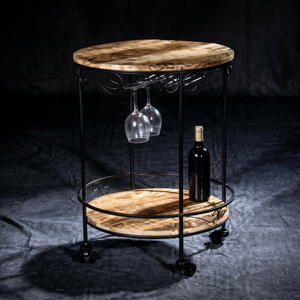 Rustic Round <b>Bar</b> Cart With Wood Top And Metal Frame Two Tier Rolling Wine <b>Trolley</b> With Glass Holder For Home <b>Bar</b> - Product Image 1