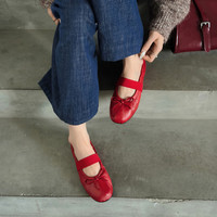 Chaussures plates en cuir de mouton rouge style ballerine avec nœud mignon, bout rond et bouche peu profonde, en stock pour l'automne et l'hiver 2026