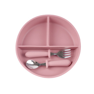 Children's Silicone Divided Bowl <b>Set</b> 180mm With Fork And Spoon Light Blue For 1-2 Years Kids Mealtime Use - Product Image 2