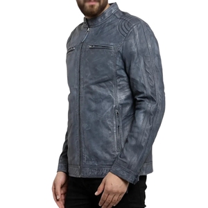 Men Blue Distressed Leather <b>Biker</b> <b>Jacket</b> Vintage Motorcycle <b>Jacket</b> with Zipper Closure Casual & Fashionable Outerwear - Product Image 5