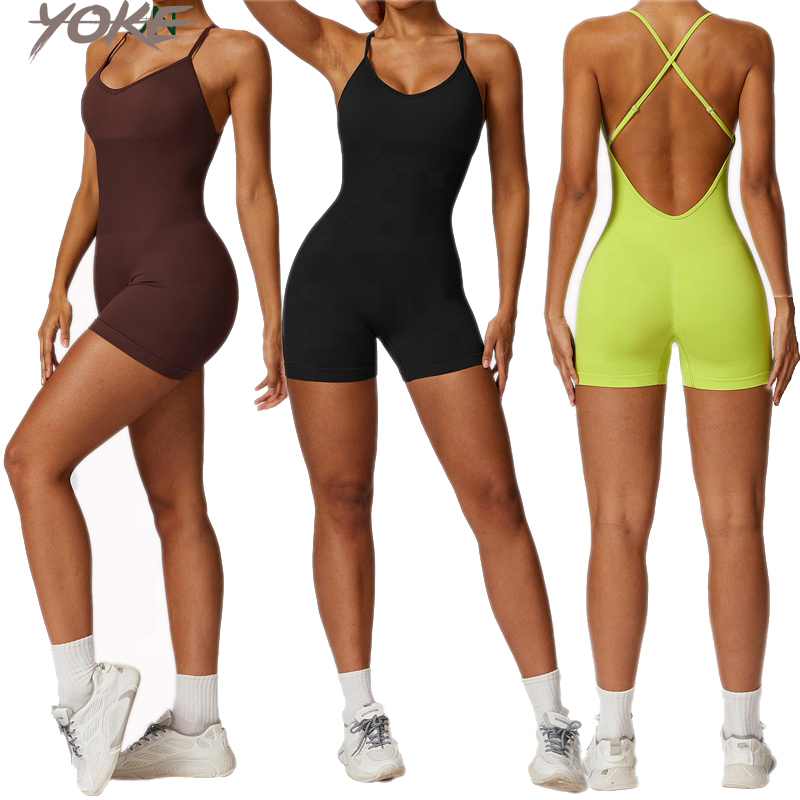 JC 2024 New Women Seamless Sports Fitness Yoga Tight Jumpsuit Gym Fitness Backless One Piece Jumpsuit