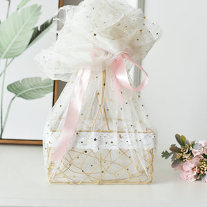 Handheld Wire Flower <b>Basket</b> 22x14x11cm Gold Frame With Lace Lining Storage <b>Basket</b> For Valentine's Day Decor - Product Image 3