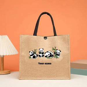 Sac en lin personnalisé avec nom : Sac plat en lin Panda, Sac en lin frais et mignon, Cadeau d'anniversaire, Respirant et lavable - Product Image 2