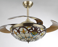 Ventilateur de plafond Tiffany Méditerranéen Mid-Century avec moteur AC, lampe LED invisible 110V, télécommande, corps métallique pour salon