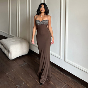 Vestido largo estilo sirena, ajustado, sin espalda, con relleno y sin tirantes, con ribete de encaje, para fiestas y vacaciones. - Product Image 2