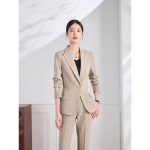 Women's Apricot <b>Blazer</b> And Trousers <b>Set</b> Full Sleeve Formal Anti-Wrinkle Suit For Commute Spring Autumn - Product Image 4