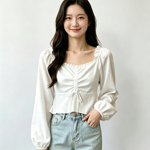Chemisier blanc à manches longues et col carré froncé pour femme, avec ceinture à nouer, style français, coupe ajustée, décontracté, haut de mode printemps - Product Image 1
