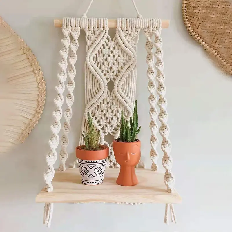 Kệ Gỗ Nổi Ngoài Trời Trong Nhà Kệ Dây Boho Làm Bằng Tay Trang Trí Kệ Treo Tường Macrame Cho Cây