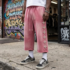 Y2k Custom Acid Wash Pearl Washed Cropped Capri <strong>Sweatpants</strong> French Terry Cotton 3/4 Three-quarter Knee Length Sweat Shorts - Product Image 1