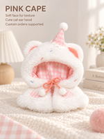 Cape de poupée personnalisée de 10 cm, tenue en peluche avec oreilles de chat mignonnes, vêtements de poupée miniatures rose et bleu, OEM ODM