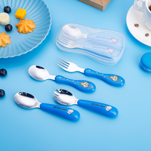 Ensemble de couverts pour enfants en plastique avec poignée, pour bébés, avec boîte, fourchette et cuillère en acier inoxydable - Product Image 3