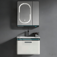 Meuble de salle de bain mural moderne avec capteur intelligent, en panneau de résine, avec lavabo en céramique