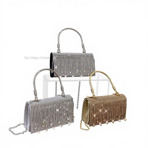 Tassel Shiny Metal <b>Small</b> Square Cover Closure Gold Mobile Phone Rhinestone Chain PU Crossbody <b>Bag</b> for Women Daily Use Tanjing - Product Image 1
