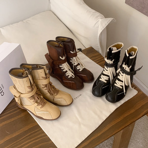New Genuine Leather Retro Color Block Martin <b>Boots</b> Lace Up Side Zipper Wasteland Style Trainer <b>Boots</b> Versatile Daily Footwear - Product Image 1