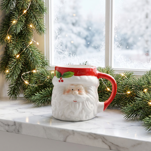 Mug en céramique sculpté en 3D avec visage de Père Noël, <span class=keywords><strong>barbe</strong></span> bouclée en relief, feuille de houx, baie, poignée en forme de chapeau rouge, tasse à chocolat chaud de Noël pour cadeau de fêtes - Product Image 3