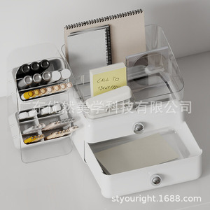 Desktop Storage Box Drawer Style Stationery Organizer Multi Layer <b>White</b> Rectangle Desk Organizer With Slanted <b>Pen</b> Holder - Product Image 2