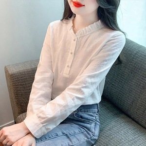 Blusa de punto de algodón de alta calidad para mujer, estilo coreano, transpirable, de manga larga, popular, informal, para oficina, color liso. - Product Image 3