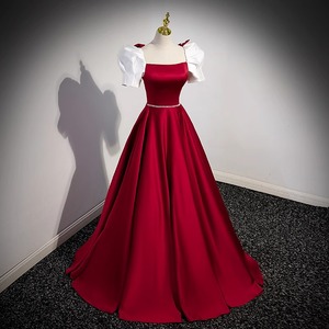 Red Off The Shoulder Evening Gown Empire Waist Claret Contrast Color Puff Sleeve Wedding Dress - Product Image 3