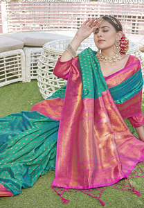 Sari de Seda Paithani Verde con Pallo de Contraste Impresionante, Tejido Intrincado de 1000 Butti Zari, Sin Arrugas, Protección Solar para Fiestas - Product Image 3