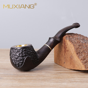Muxiang Wooden Tobacco Pipe Bent Shape Hand Carved With Copper Bowl For Smoking - Product Image 3